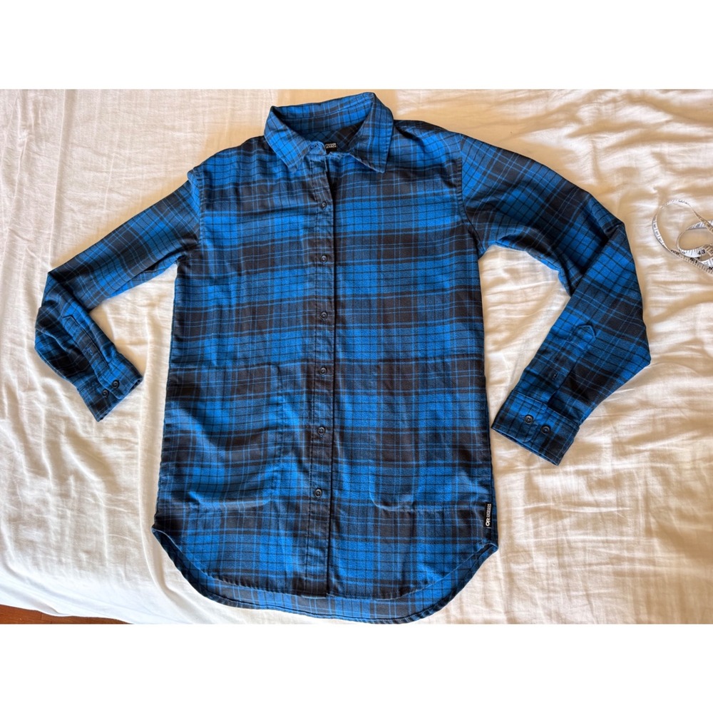 Outdoor Research Blue Black Plaid Flannel Shirt Womens S Long Sleeve Polyester